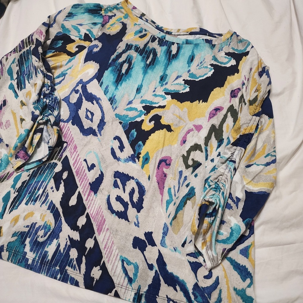 Chicos Colorful Top Gathered Sleeves Size 3 (16 or XL) Vibrant Colorful LS